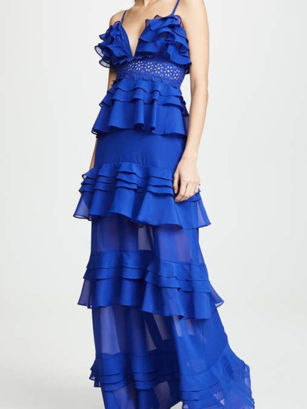 True Decadence Sophia Cobalt Blue Plunge Ruffle Maxi Dress